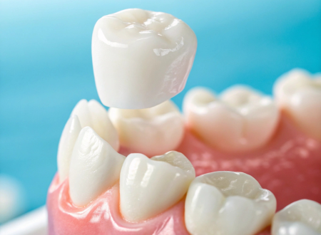 A dental crown being placed over a model of teeth.