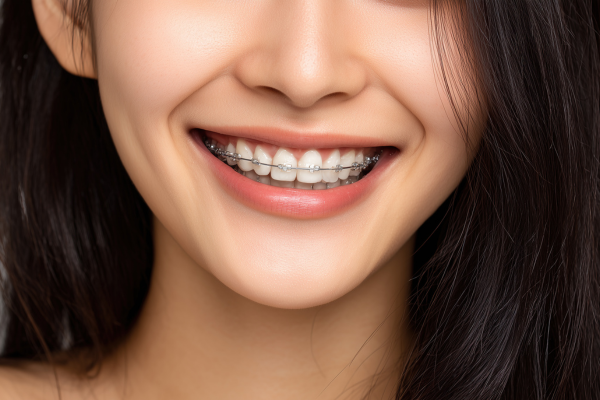 Woman with ceramic, or tooth-colored, braces.
