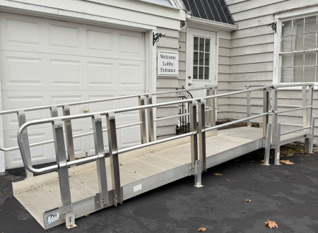 Permanent handicap accessible ramp leading into the waiting room at Dr. Haselhorst's Naperville dentist office.